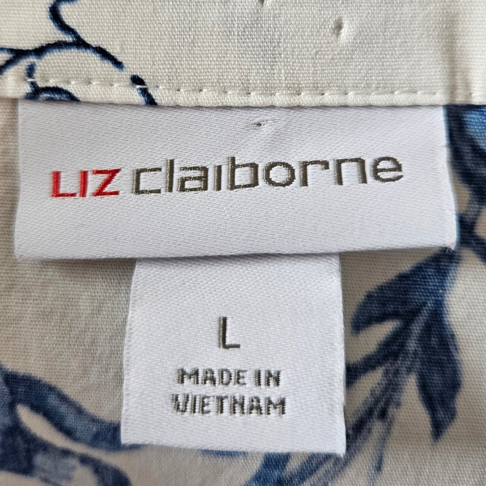 VTG Liz Claiborne Size L Shirt Dress Blue/White Tie Belt Floral Cotton Classic - Picture 7 of 11